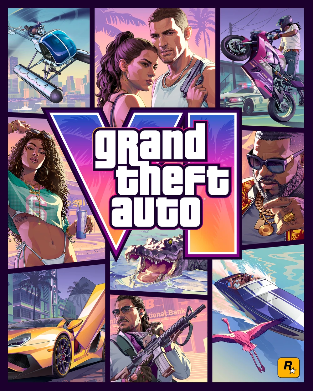 Carátula oficial de Grand Theft Auto VI, con Jason y Lucía en Vice City.