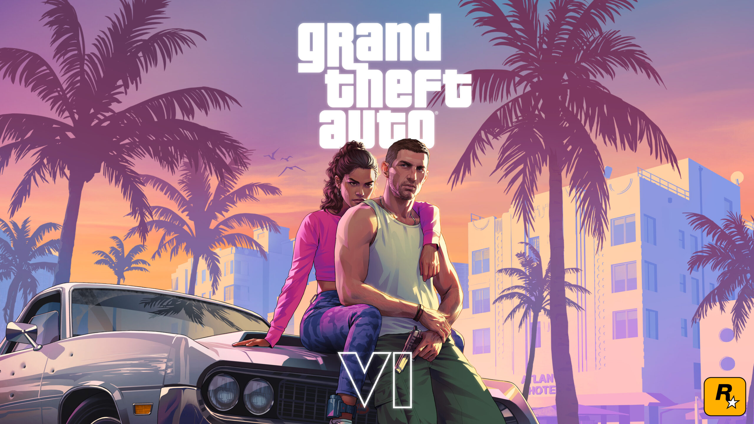 Jason y Lucia, protagonistas de Grand Theft Auto VI, sentados sobre un coche clásico frente a un atardecer en Vice City, con el logotipo oficial del juego de Rockstar Games.