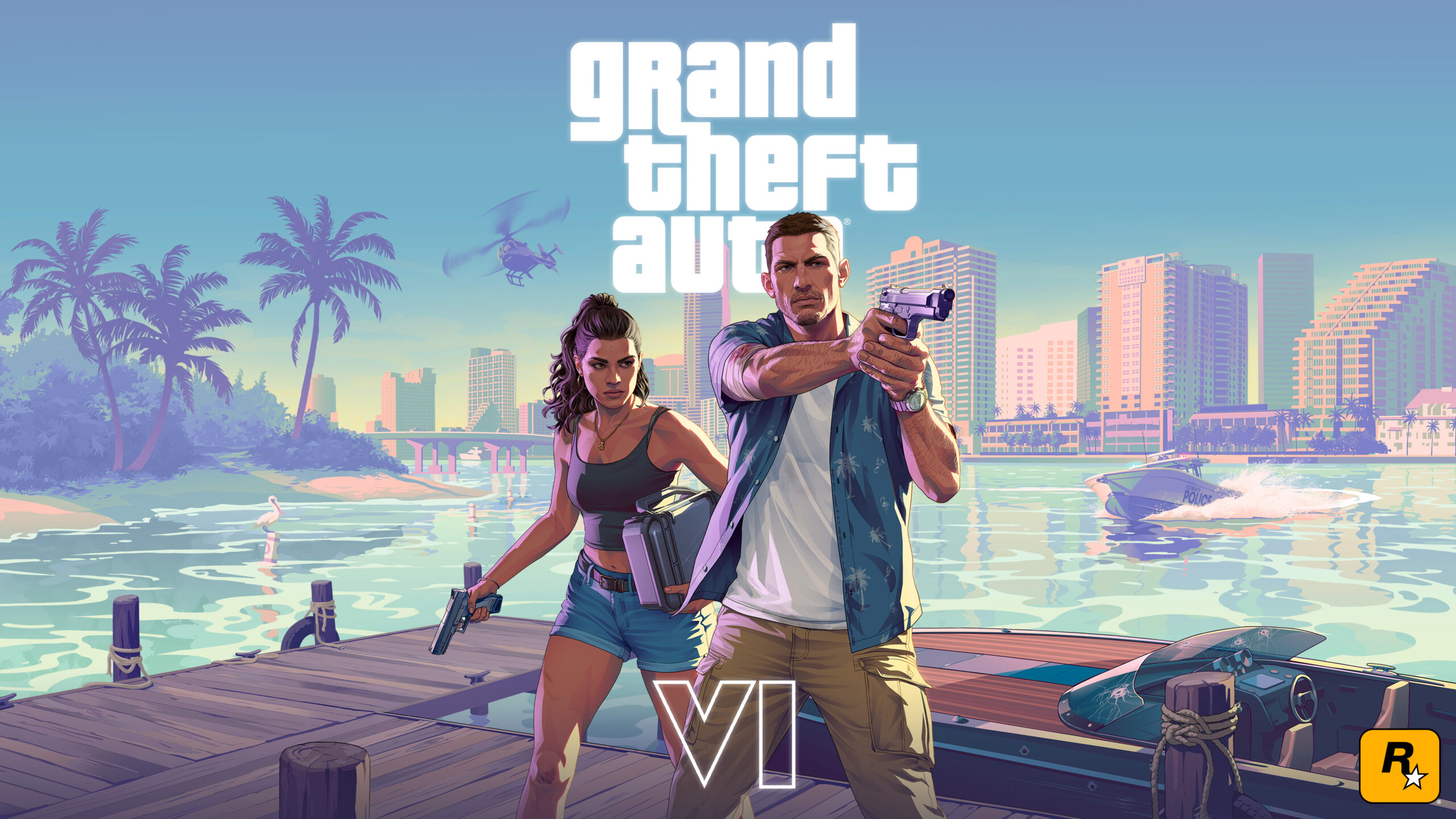 Jason y Lucía, protagonistas de GTA VI, con el logotipo oficial del juego