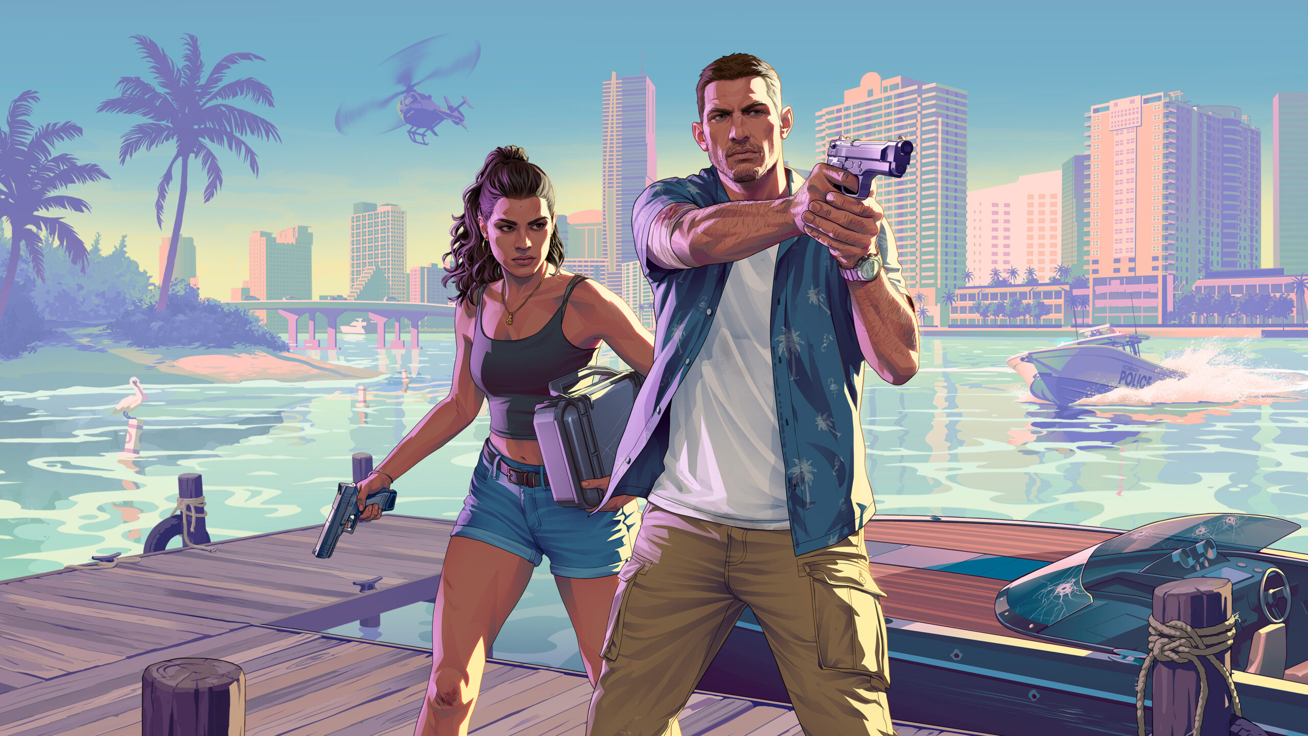 Jason y Lucia, protagonistas de GTA VI, sobre un coche clasico.