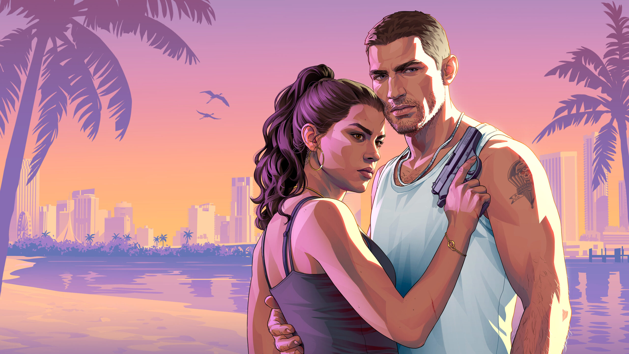Jason y Lucia, protagonistas de GTA VI, en una escena de accion en Vice City.