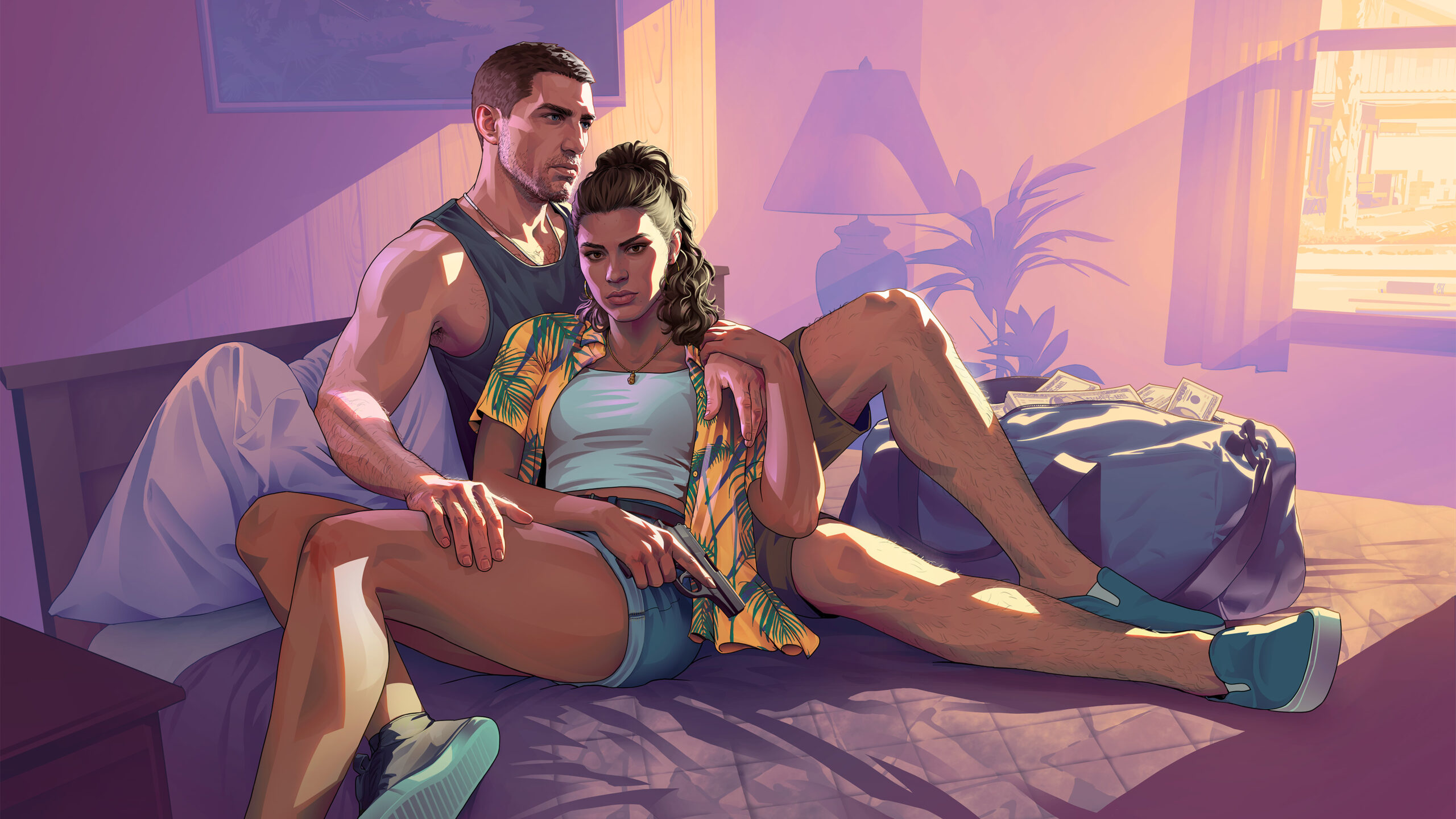 Jason y Lucia, protagonistas de GTA VI, en un motel de Vice City.