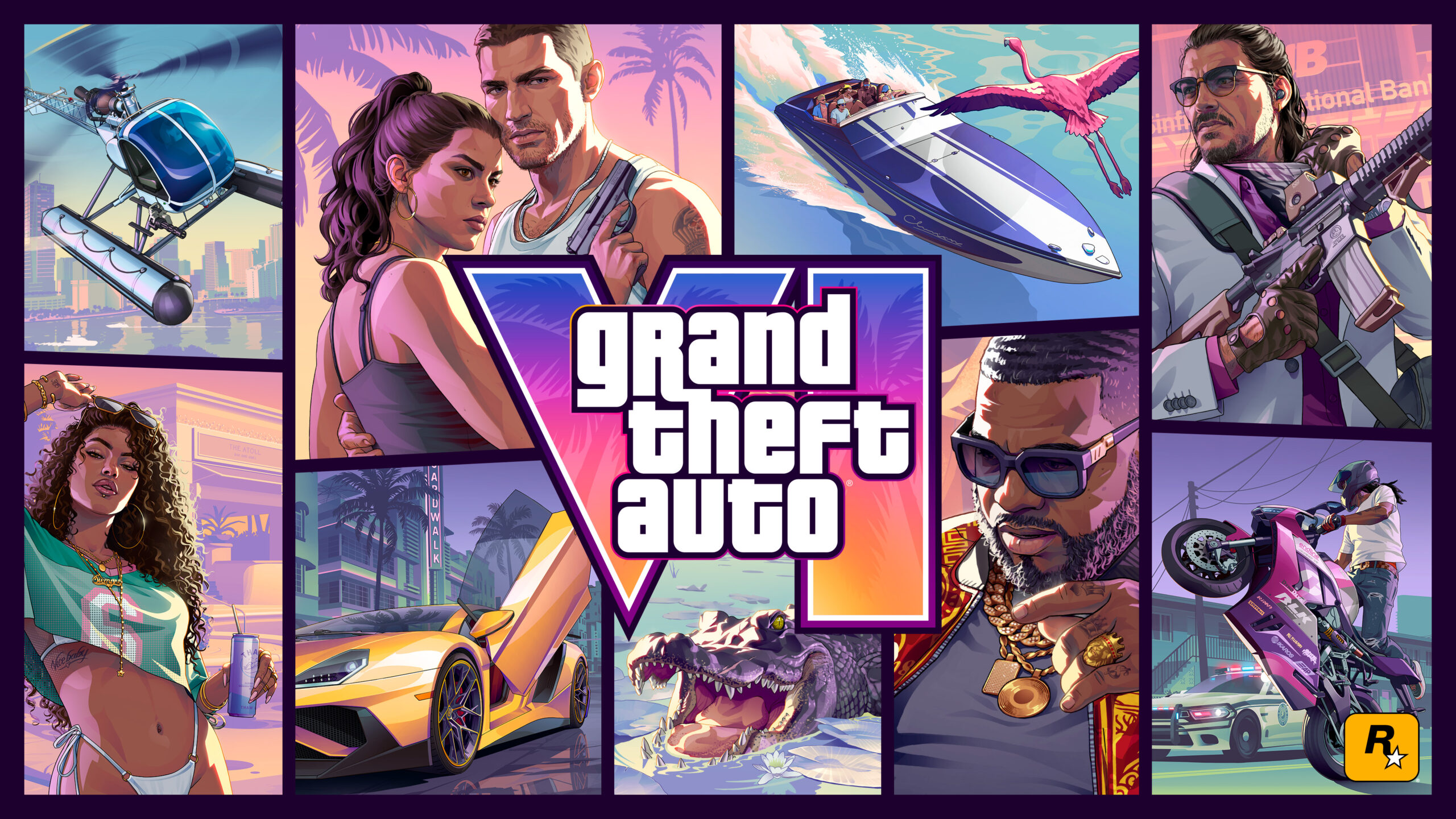 Wallpaper oficial de la portada de GTA VI, con Jason y Lucia en Vice City.